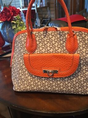 DKNY Beige Monogram Satchel with Orange Trim
